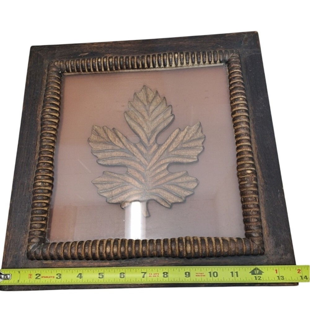 Vintage Hand Carved Wood Leaf Shadow Box Wall Art Framed Glass 14in Square Brown